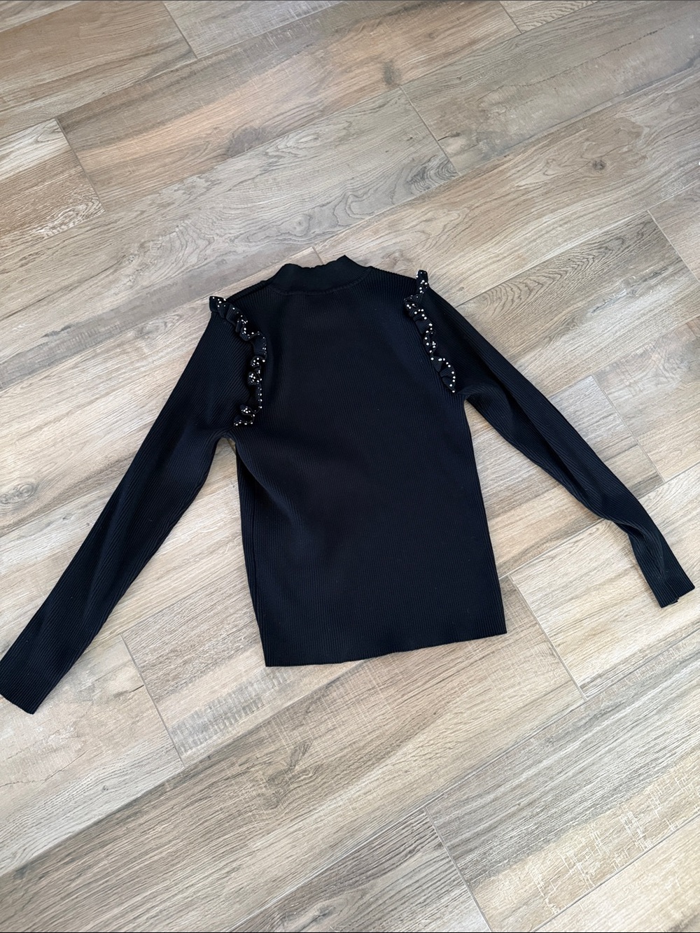 Nicole Miller Black Ribbed Mock Neck Sweater w/ Rhinestone Ruffle Shoulders XL